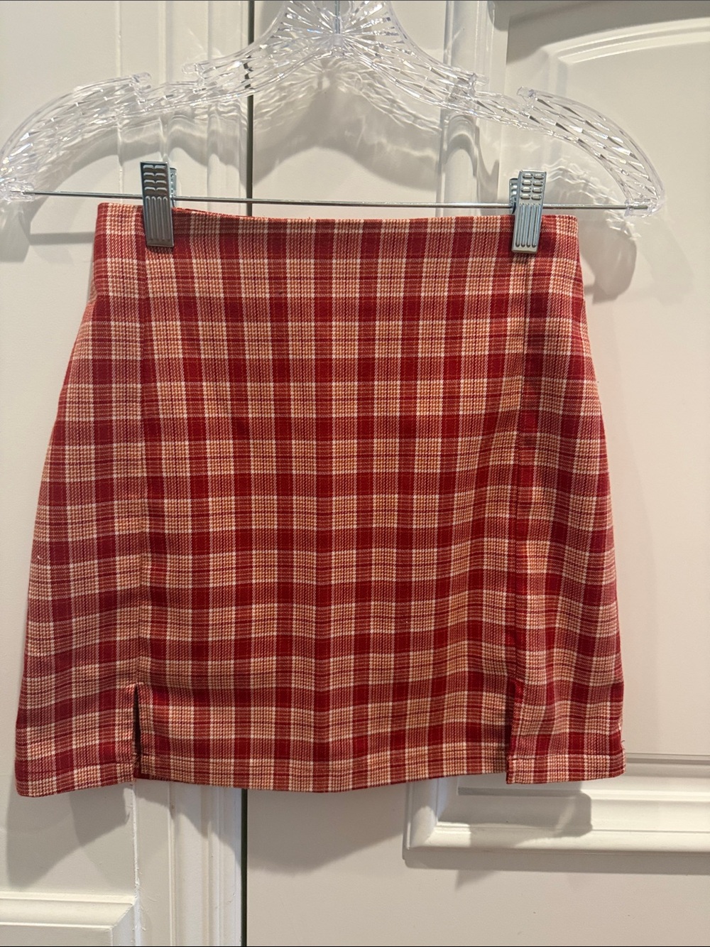 Brandy Melville Red and Cream Plaid Mini Skirt